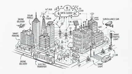 Obraz premium Hand draw smart city infrastructure and digital technology concept doodle