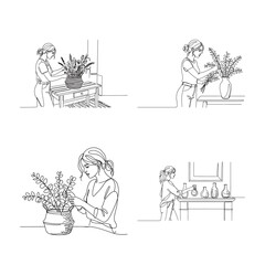 Fototapeta premium woman arranging flowers in vases on tables