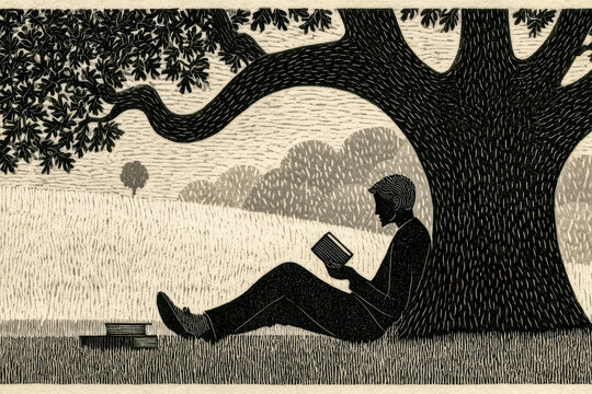 Beautiful monochrome linocut of a man sitting under a giant oak tree reading a book in a peaceful field