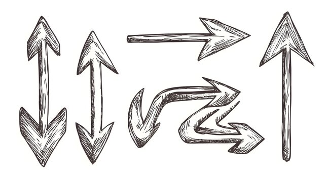 Set of hand drawn sketch style arrows with rough hatched texture and double headed pointers.