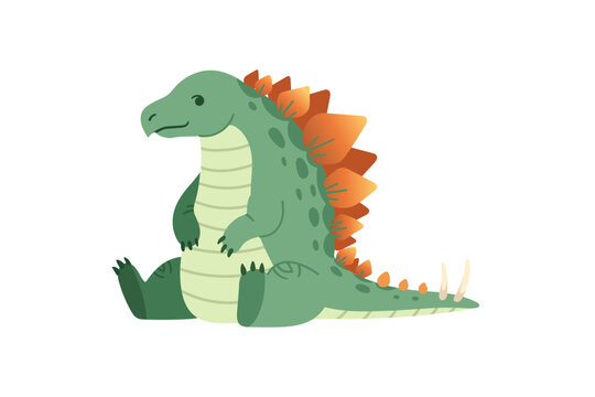 Cute cartoon stegosaurus dinosaur sitting down. Green prehistoric reptile character with orange back plates, light striped belly, and tail spikes. Flat vector illustration isolated on white.