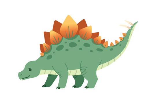 Cute cartoon stegosaurus dinosaur walking forward slowly. Green prehistoric reptile character with orange back plates, spots, and sharp spikes. Flat vector illustration isolated on white.