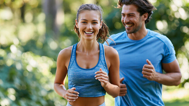 Happy couple jogging together in a summer park, cardio workout, fitness training, healthy relationship goals, with copy space