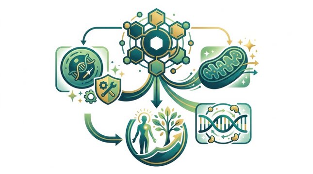 Visual represents molecule interactions related to cellular repair and anti-aging, focusing on healthy aging and biohacking techniques.