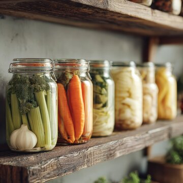Handcrafted pickled vegetables in clear glass jars
