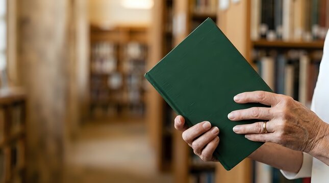 Senior adult with light skin tone holding closed green leather-bound book in library setting with blurred bookshelves background for education and reading concepts.