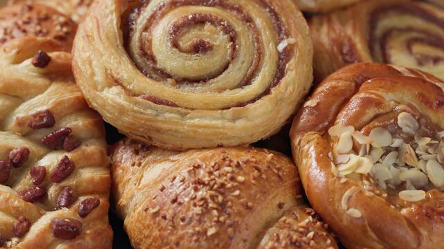 assorted freshly baked sweet pastries rotating on a dark wooden table closeup, food background. Selection of golden brown bakery buns with soft texture and delicious homemade appearance