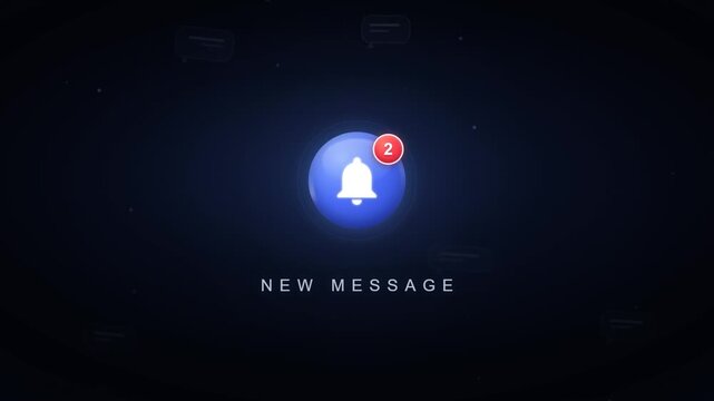 New message notification bell icon with red alert badge counter on dark background loop