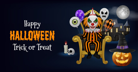 halloween banner with evil clown sitting on black throne and pumpkin with witch hat on scary landscape © Angelica