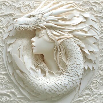 Elegant white dragon and elf sculpture, artistic