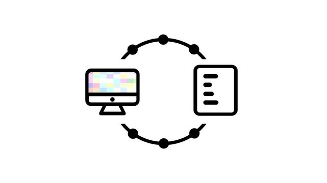 Minimal line icon of a computer monitor connected to a document by circular arrows representing data synchronization for creative design projects
