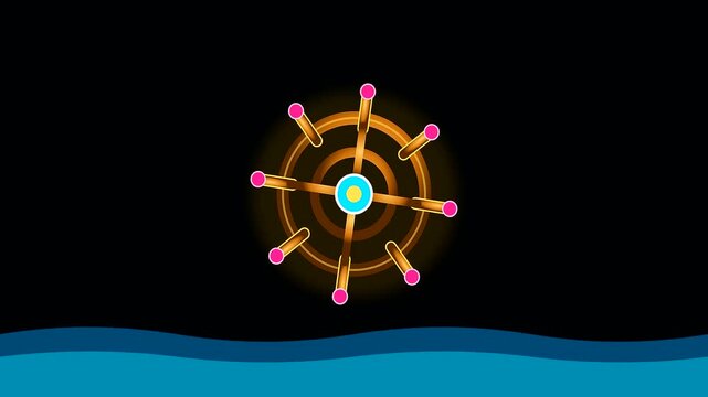 A spinning helm symbol representing columbus day celebrates ancient navigation through traditional cartography tools displayed in three glowing graphical panels against a dark water ocean horizon