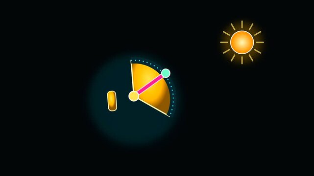 a rotating gauge sequence displays animated graphics showing columbus day map markers alongside various cartography tools illuminated by bright yellow sun icons across a dark void