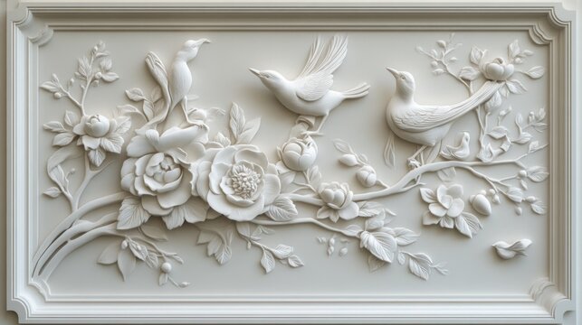 Ornate bas-relief birds and flowers on a decorative panel