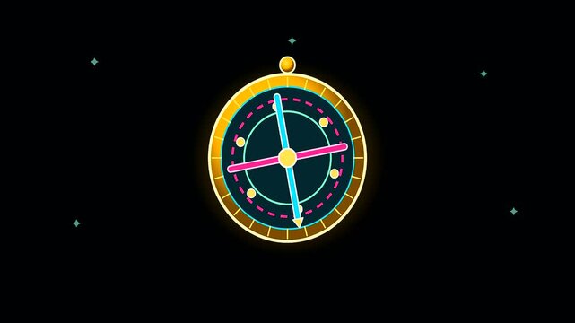 Neon illuminated navigation devices demonstrating cartography tools motion for an exploration themed columbus day event featuring rotating mechanical pointers on a dark grid aesthetic field