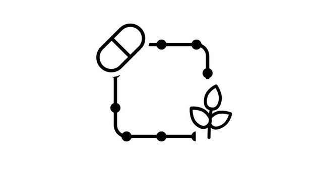 Minimal line icon of a pill connected to a leaf by dotted circular arrows representing pharmaceutical to nature cycle for creative design projects