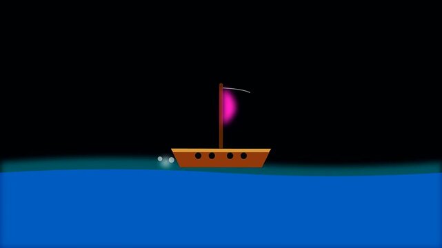Small wooden boat with purple sail moving across calm blue ocean waves illustrating journey concepts using cartography tools for columbus day maritime travel exploration study