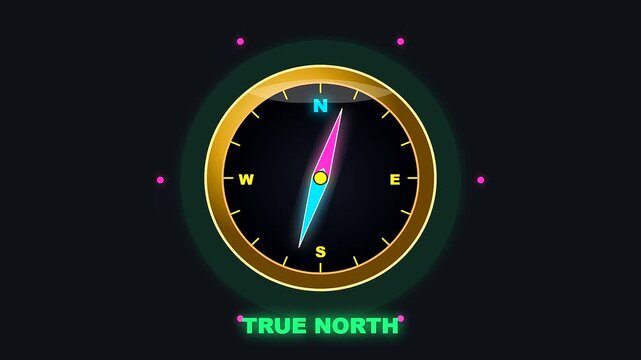 Three animated compasses display cardinal directions as rotating cartography tools for digital navigation interfaces during columbus day celebrations with glowing neon needles on dark screen surfaces