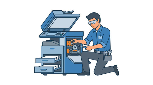 Man repairing a large industrial printer.