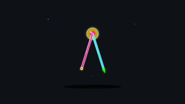 Neon illuminated clock hands performing synchronized rotations as navigation instruments reminiscent of historical cartography tools used during columbus day expeditions in a dark cinematic space