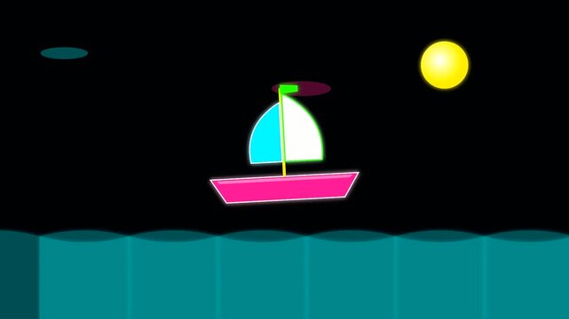 Minimalist sailboat animation gliding across a dark ocean surface at night using cartography tools to depict a stylized voyage in the spirit of columbus day