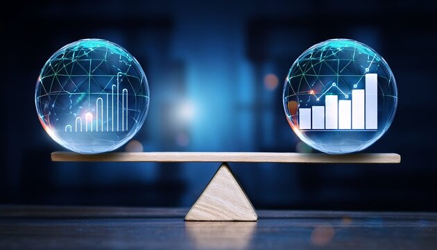 two glowing spheres with financial graphs inside balance on a seesaw representing comparison and equilibrium in data or market analysis