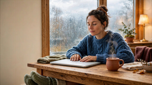 Woman in a blue cable-knit sweater pausing work at her laptop during a rainy autumn day, enjoying a moment of calm mindfulness and digital detox in her cozy, warm home.