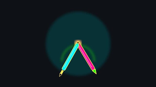 Neon drafting dividers represent classic cartography tools used in a study to visualize columbus day navigation principles through glowing digital arcs on dark screens