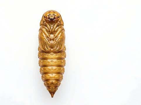 Golden insect shaped like a cicada shell with intricate details and patterns on white