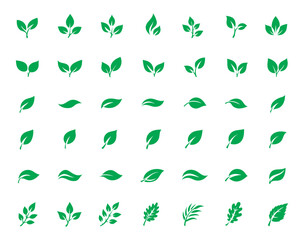 Fototapeta premium Leaf sprout icon vector set, green leaves plant eco logo symbol simple graphic illustration set, vegan fresh herb pictogram shape sign, organic natural healthy logotype eps 10 