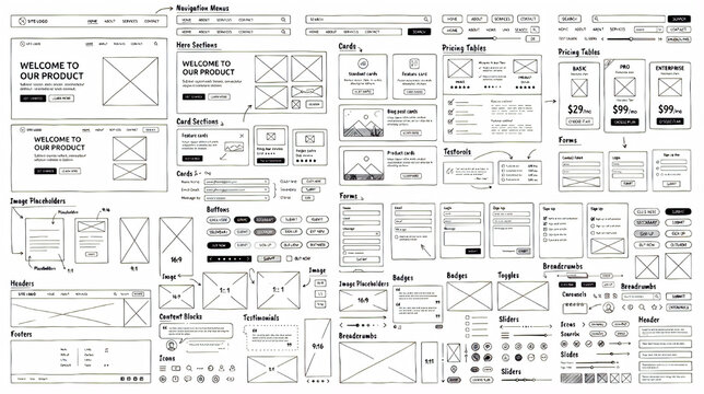 Hand draw website wireframe and UI UX layout elements doodle set