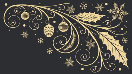 Fototapeta premium Elegant Gold Christmas Floral Border with Snowflakes and Ornaments