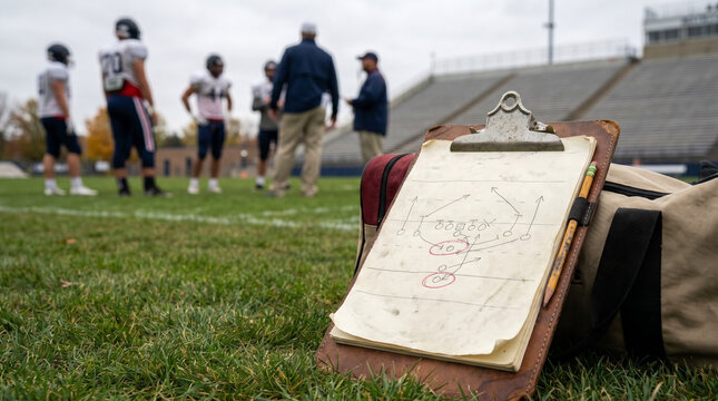 Football playbook on clipboard during practice on sports field  