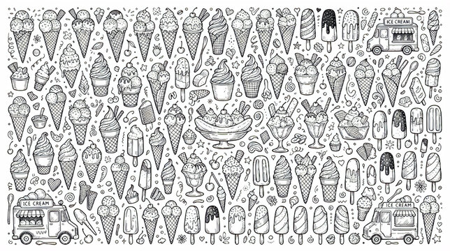 Hand draw ice cream and dessert shop doodle elements set