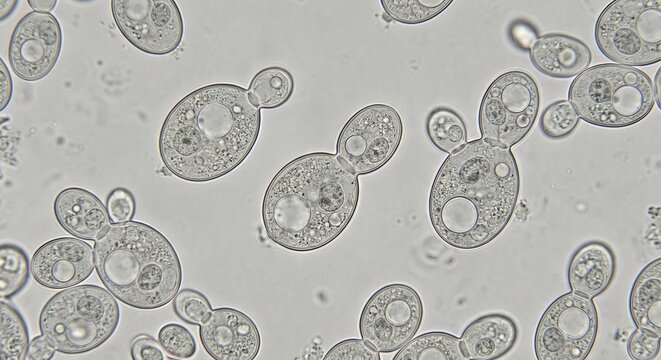 Microscopic view of budding yeast cells undergoing reproduction