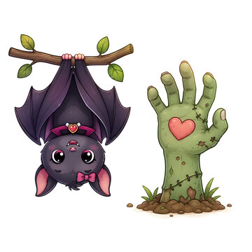 Cute cartoon bat and zombie hand. Kawaii Halloween characters with heart symbols.