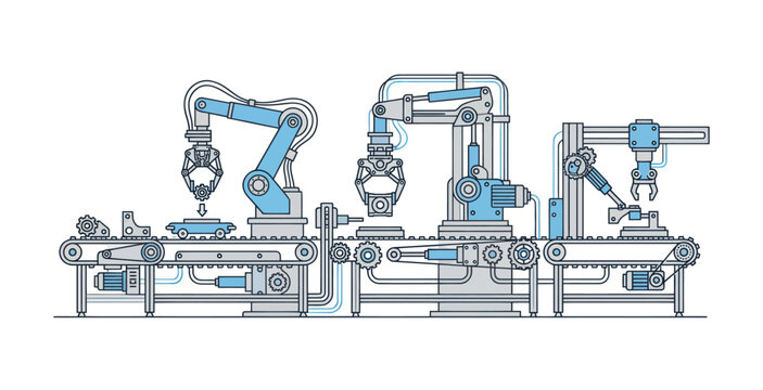 Automated Robotic Assembly Line Vector Illustration