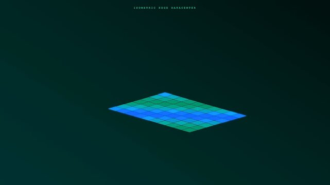An abstract visualization of edge data processing appears as glowing blue and green isometric tiles flicker rhythmically across a dark digital landscape representing cloud computing.
