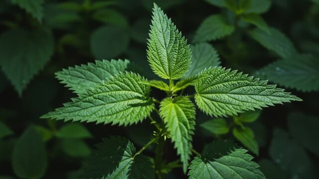 Fresh green stinging nettle plant growing in the wild forest