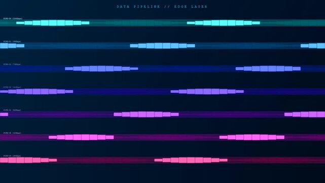 Vibrant streams of edge data processing move through segmented horizontal layers as digital pulses travel across a dark interface representing modern server network traffic management.