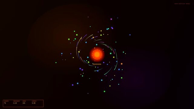 A dynamic abstract visualization of Edge Data Processing featuring a glowing central processor core while colorful digital particles swirl in a circular motion around it.