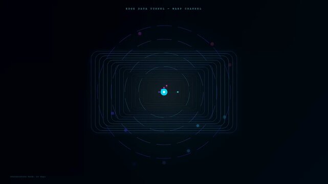 A sophisticated motion graphic depicting edge data processing as luminous nodes travel along intricate paths within a deep blue digital tunnel representing high speed network communications.