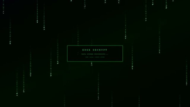 A futuristic digital display showing edge data processing sequences through falling green code streams that illustrate complex decryption methods and real time network security monitoring