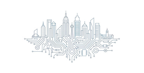 Fototapeta premium Digital City Skyline Circuit Board Vector Illustration