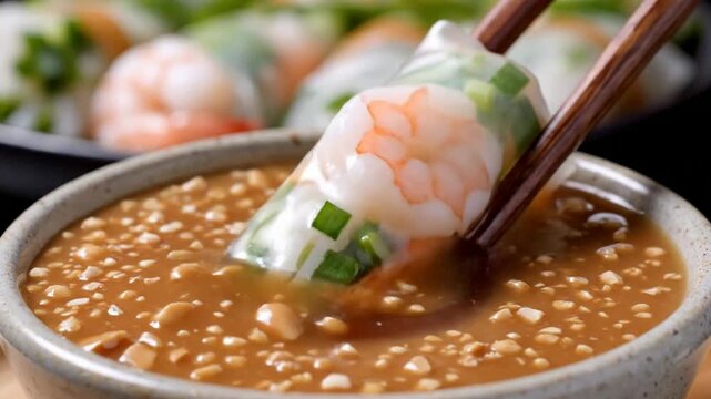 Close-Up Shot Of A Fresh Vietnamese Spring Roll Goi Cuon Being Dipped Into Creamy Peanut Sauce With Fresh Shrimp And Herbs