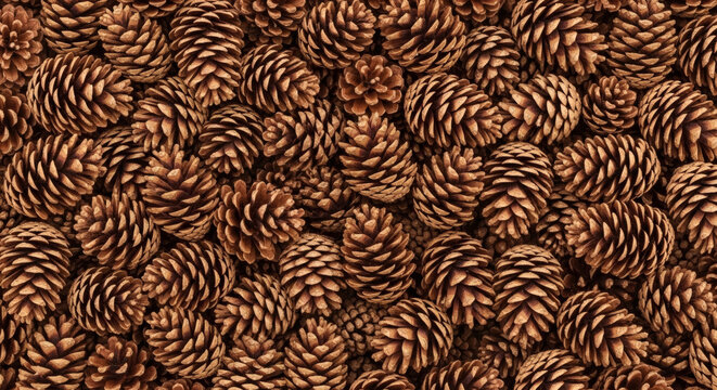 Pine cones pattern background featuring many natural brown coniferous tree fruits arranged closely together for seasonal autumn winter textures