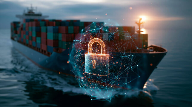 Bright concept of a large container ship on calm blue sea with a glowing digital padlock and light network overlay maritime logistics security supply chain protection