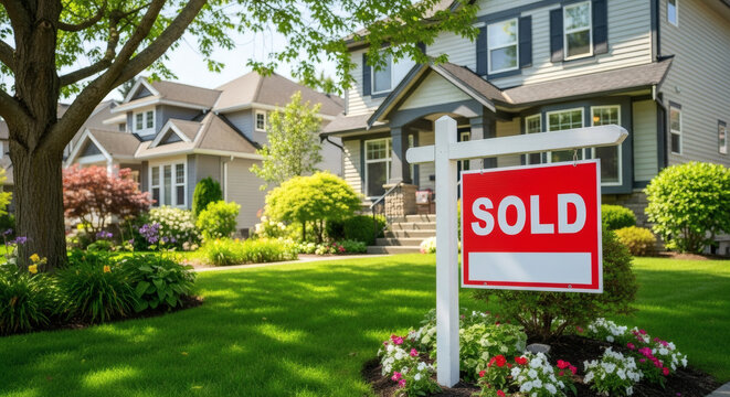 Sold real estate sign standing in front of a beautiful suburban house with green grass and lush garden landscaping