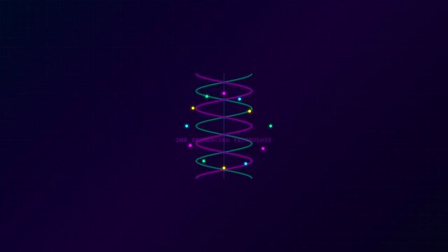 Innovative Biotech Quantum Computing principles are visualized through a glowing double helix structure animation rotating against a dark digital background with floating light particles for research