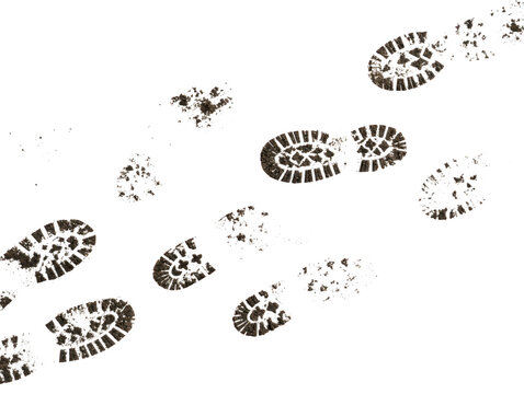 Black boot sole footprints and imprints walking trail as isolated on transparent background